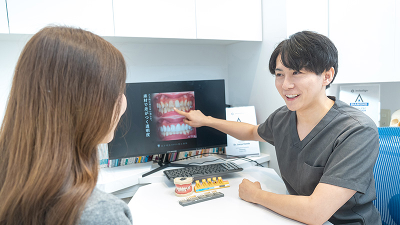 カウンセリングで患者に説明している歯科医師